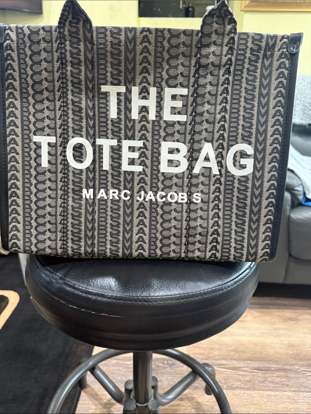 Marc Jacobs Black & Beige Patterned Canvas Duffel Tote